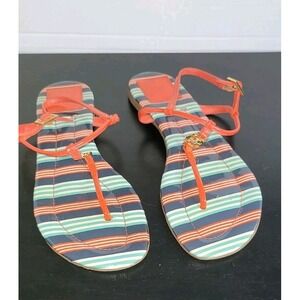 TORY BURCH Sandals Emmy Habanero Stripe Ankle T Strap Buckle Logo Sz 7